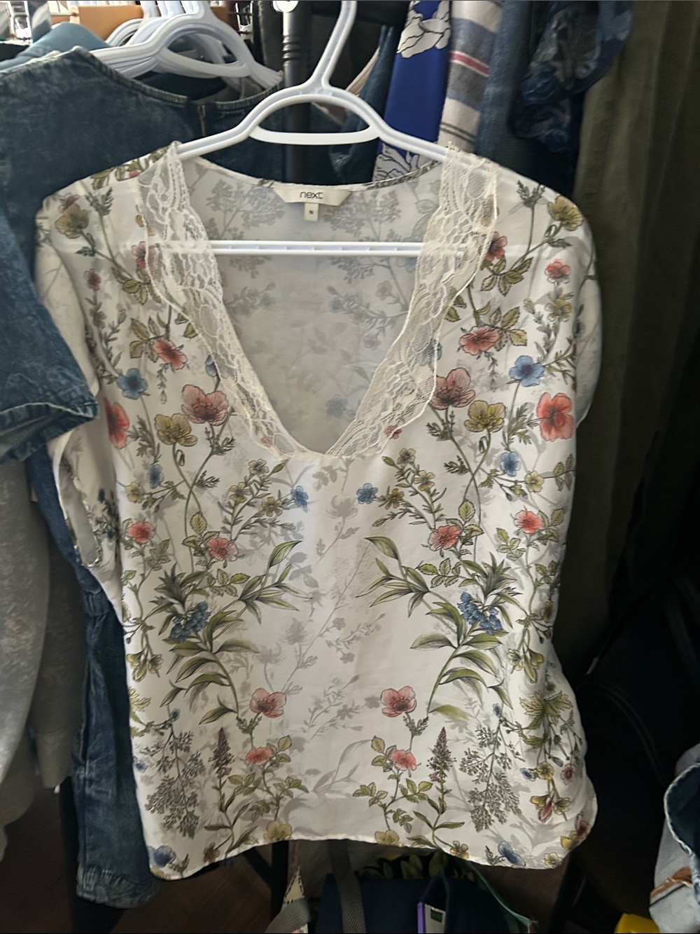 next Floral Lace V-Neck Top — Ivory with Pink, Blue & Green Accents